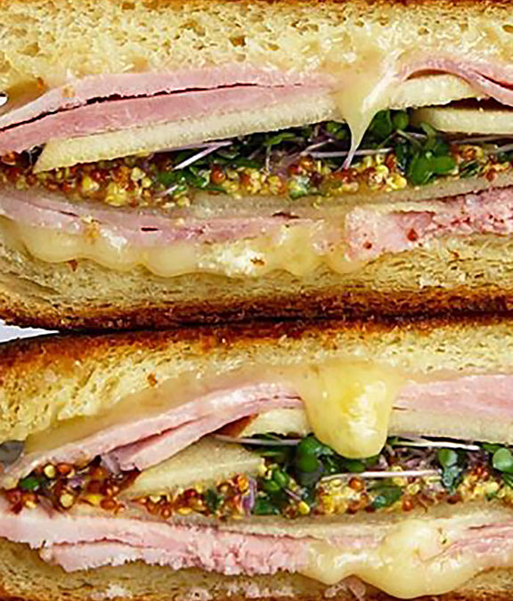 Grilled Ham, Brie, Apple, and Microgreens sandwich