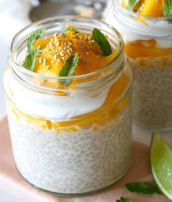 Coconut Mango Chia Pudding with Microgreens